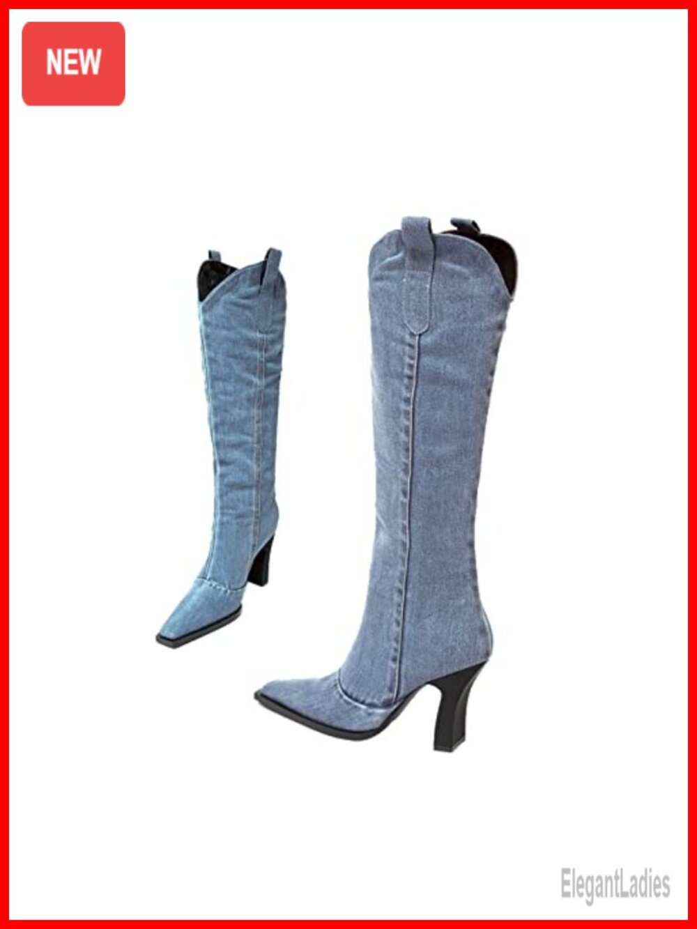 Knee High Denim Cowboy Boots Pointed Toe Block Heel Pull On Tabs